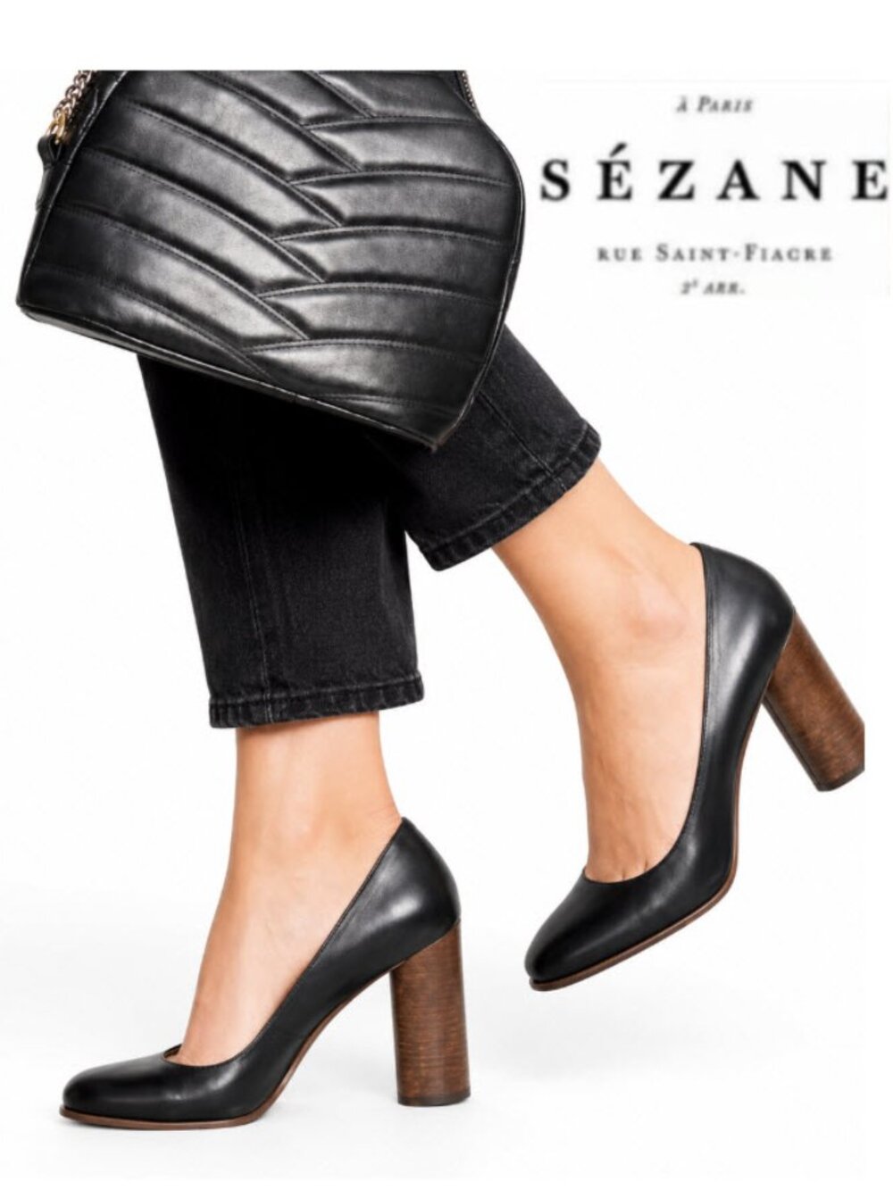 Sézane Laura Black Leather Block Heel Pumps Made Italy NEW EU 36